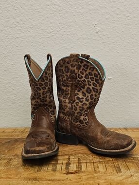 Ariat Brown Leopard-Print Kids Western Boots with Turquoise Trim